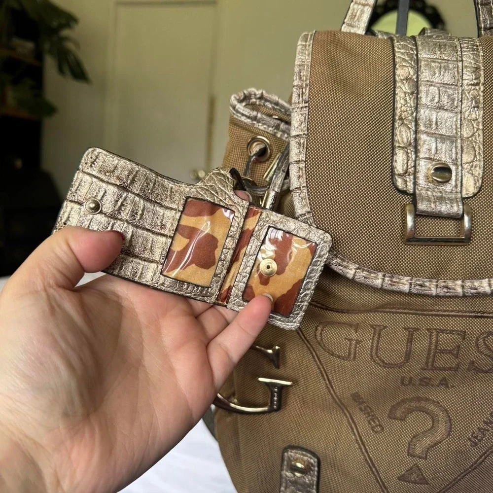 Y2K vintage GUESS drawstring fashion backpack featuring photo book keychain‎